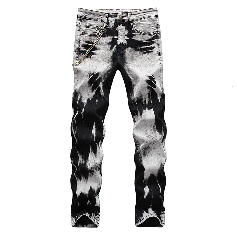 

fashion jeans men's tie and dyed snow washed slim straight denim with chain streetwear stretch pants, Blue