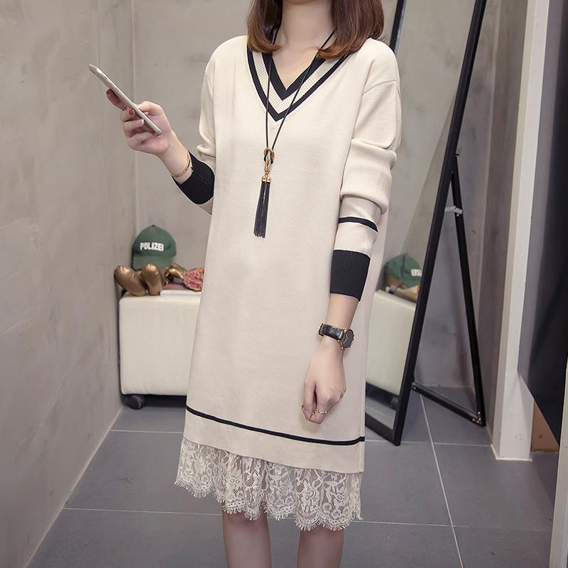 

Casual Dresses Mom Elegant Knitted Lace Sweater Dress Woman Long Sleeve Korean V Neck Black Midi Women's Plus Size Clothing Autumn, Apricot
