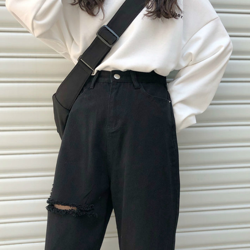 

2021jeans women denim hole zipper button pockets loose straight casual trousers korean trendy retro harajuku daily womens streetwear, Blue