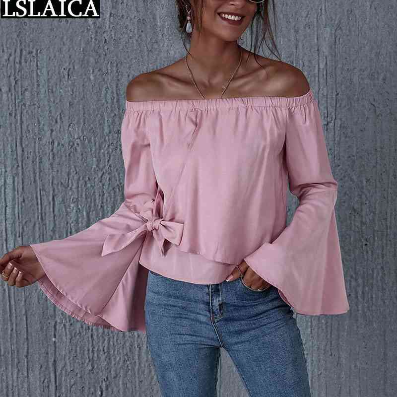 

Flare Sleeve Slash Neck Tops Women Off The Shoulder Sexy Fashion Pink Blouse Streetwear Office Party Casual Lacing Up 210520