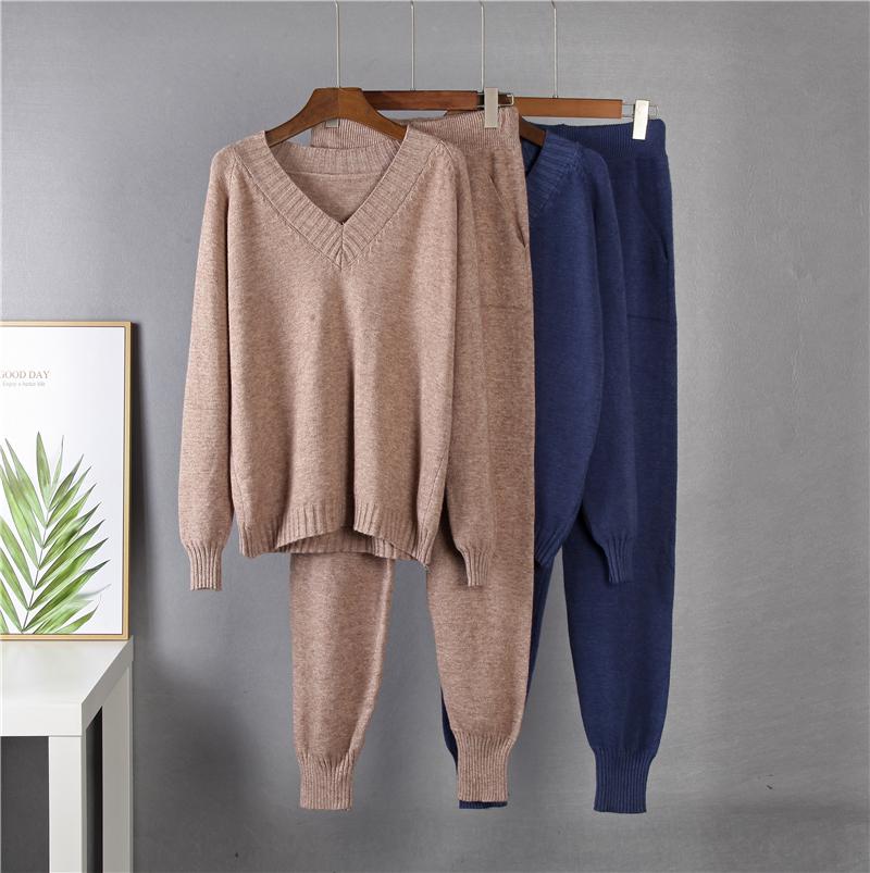 

Women's Two Piece Pants Cashmere Knitted Sets Women 2021 Loose V Neck Sweater & Carrot Pant 2 Pieces Female Outfit Tracksuits Harem, White