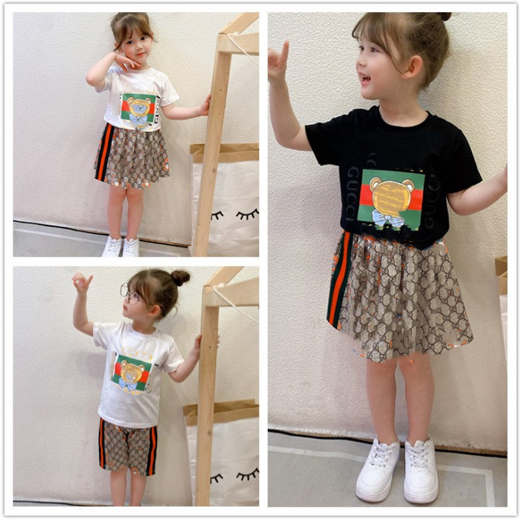 

Kids designer clothing sets Summer boys girls letter printed short sleeve T-shirt + cartoon stripe shorts / skirt 2pcs suits brother sister, White