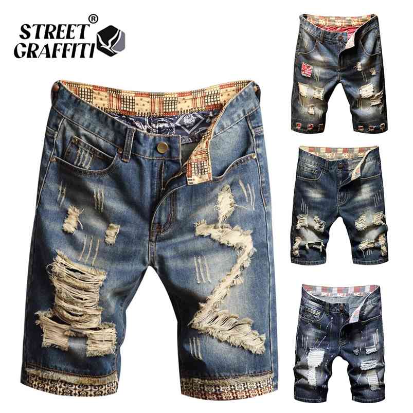 

Spring Summer Men's Denim Shorts Men's Clothing Beach Ripped Jeans Denim Cotton Short Casual Business Social Men Shorts 210720, Blue