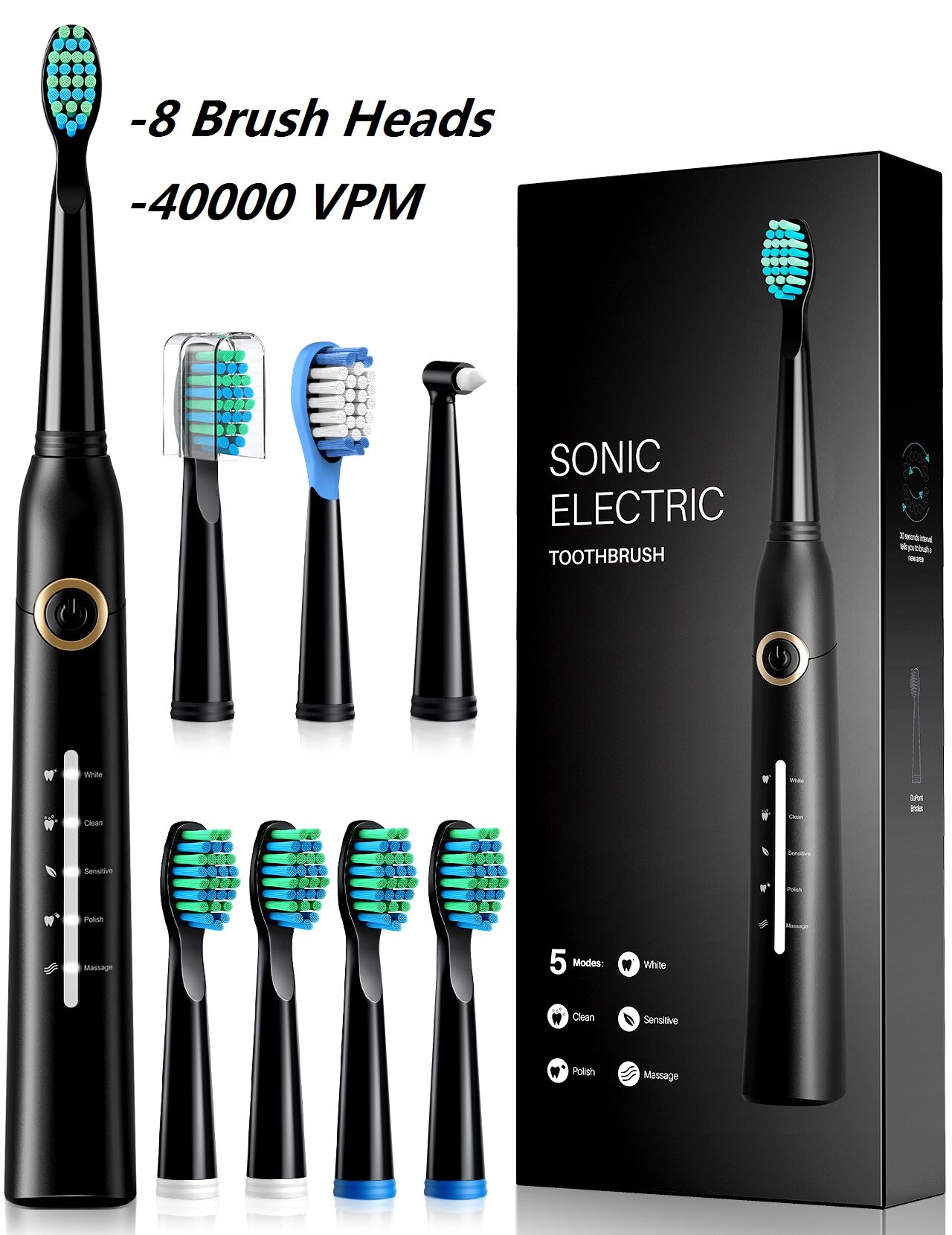 

ATMOKO Electric Toothbrushes for Adults with 8 Duponts Brush Heads, 5 Modes, 4 Hour Charge for 30 Days Use, 40,000 VPM Motor, Rechargeble Power Whitening Sonic