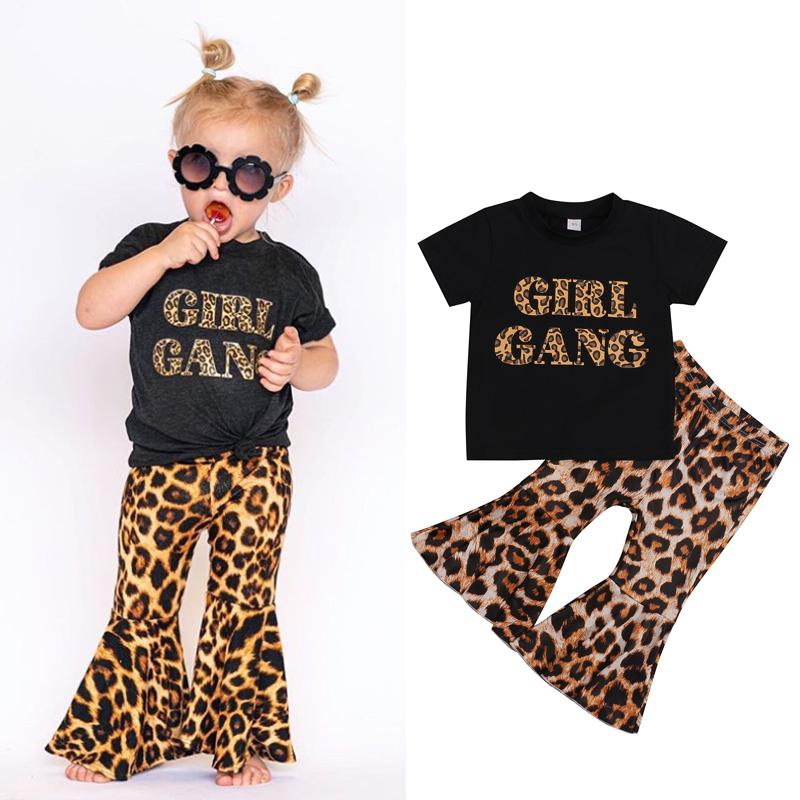 

Clothing Sets FOCUSNORM 1-6Y Summer Fashion Kids Girls Clothes Letter Printed Short Sleeve T Shirts Leopard Flare Pants, As pic