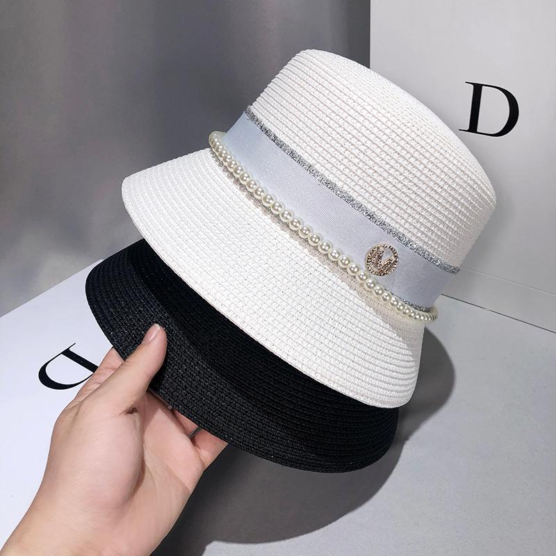 

Straw Hat Female Summer Temperament Beach Sunshade Sun Protection Fisherman Small Perfume Pearl Rhinestone English Top Wide Brim Hats, Blue;gray
