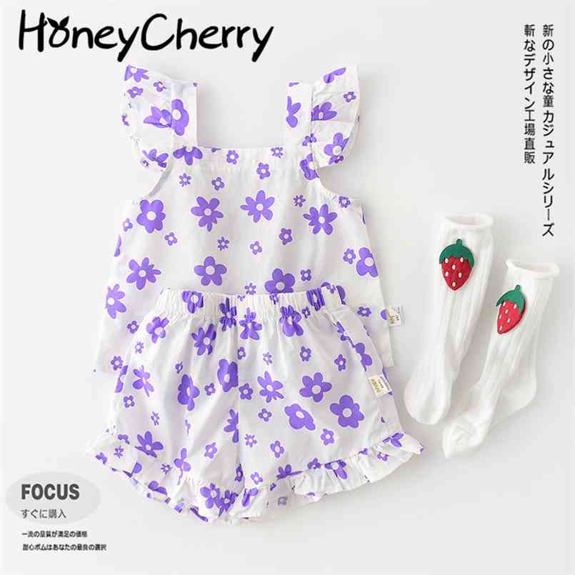 

summer print girl cool two-piece set baby clothes toddler 210702, Purple