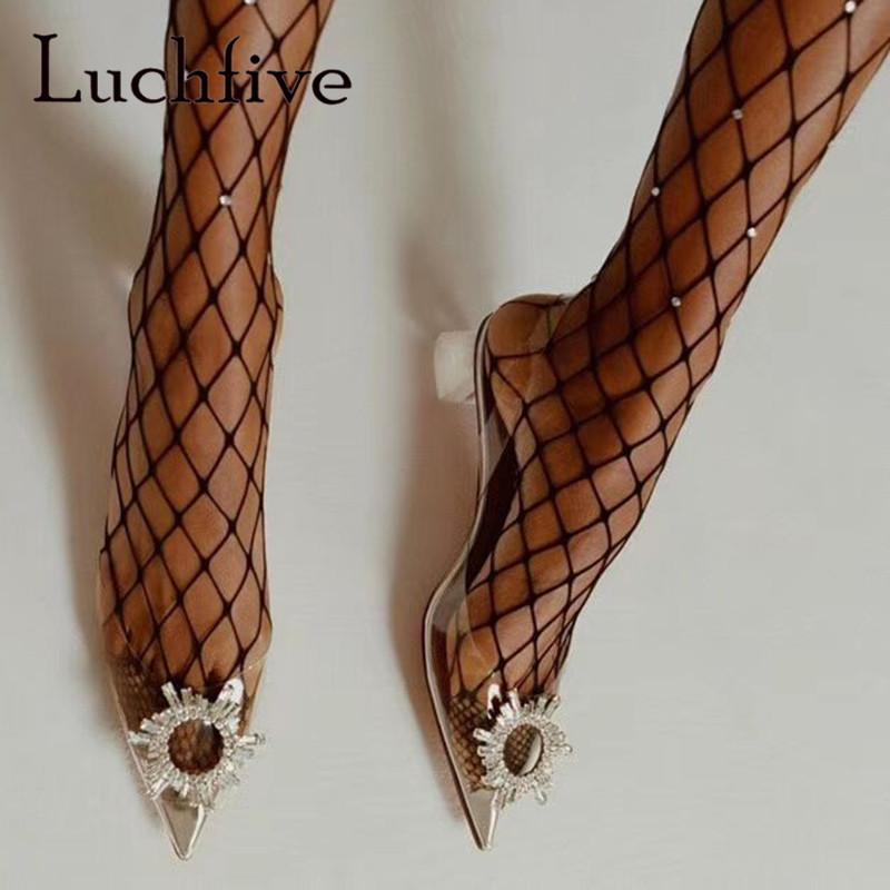 

Sandals 2021 Summer Crystal Pointed Toe Badge Princess Shoes PVC Transparent Clear Women Low-heeled, Black