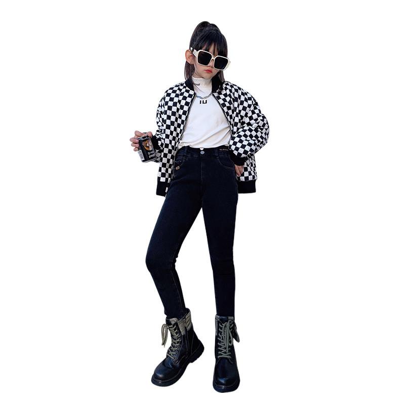 

Jackets 2021 Winter Girls' Trendy Cotton Coat Children's Street Fashion Style Plaid Clothing, Blue;gray