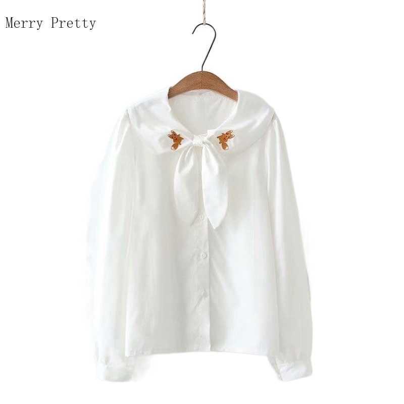 

White Women Blouses Harajuku Cartoon Embroidery Casual Shirts Summer Full Sleeve Bow Collar Korean Ladies Preppy Style Tops 210526