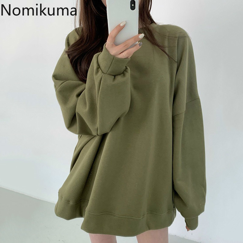 Nomikuma Autumn Winter Fleece Pullover Sweatshirt Causal Long Sleeve O-neck Hoodies New Korean Medium-long Jumper 6D333 210427