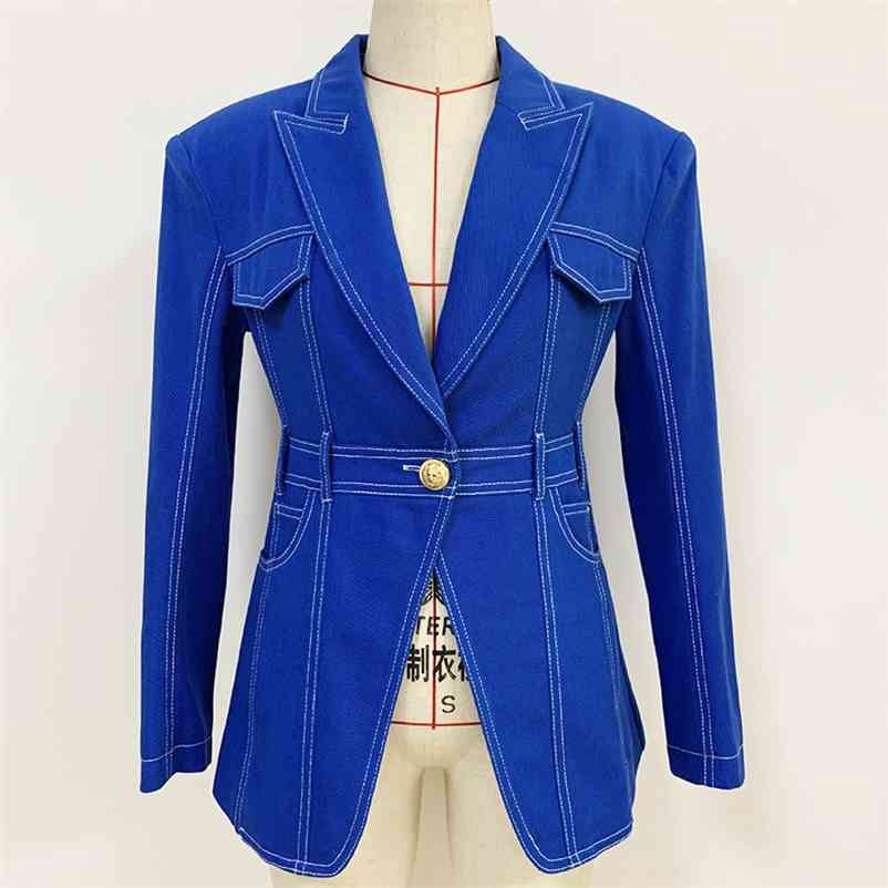 

HIGH STREET est Fashion Designer Runway Blazer Jacket Women' Top Stitching Contrast Single Button Denim 210521, Blue