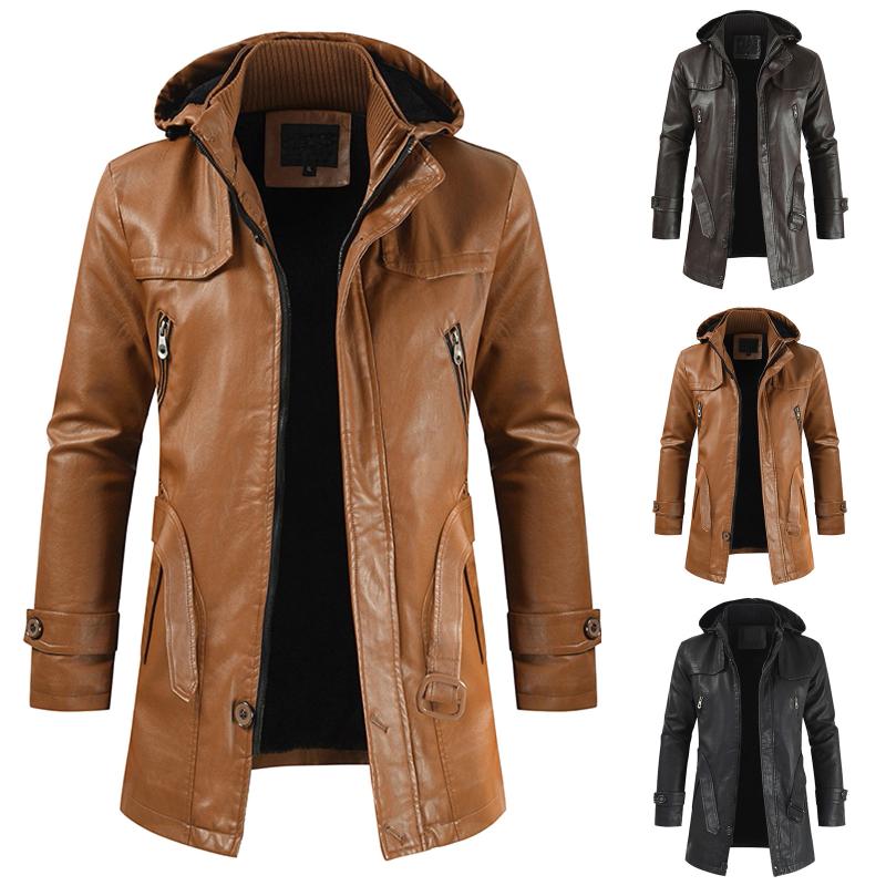 

Men's Trench Coats Winter Detachable Hooded Plus Velvet Leather Jacket Casual Zipper Long Sleeve Lengthened Gothic Coat, Tan;black