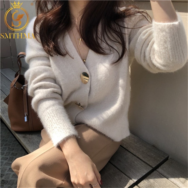 

Autumn And Winter Korea Knitted Sweater Women Cardigans Mohair Thicken Jacket Long Sleeve Single Button Jumper 210520, Photo color