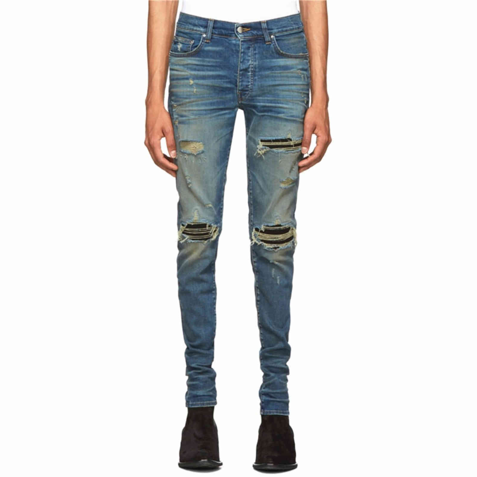 

Amiry jeans Trendy brand fashion20ss SLP MX1 blue washed old indigo tight and perforated jeans