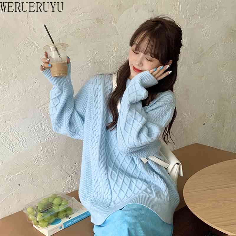 

WERUERUYU Japanese soft milk blue pullover sweater women loose outer wear long-sleeved round neck sweater autumn top 210608, Photo color