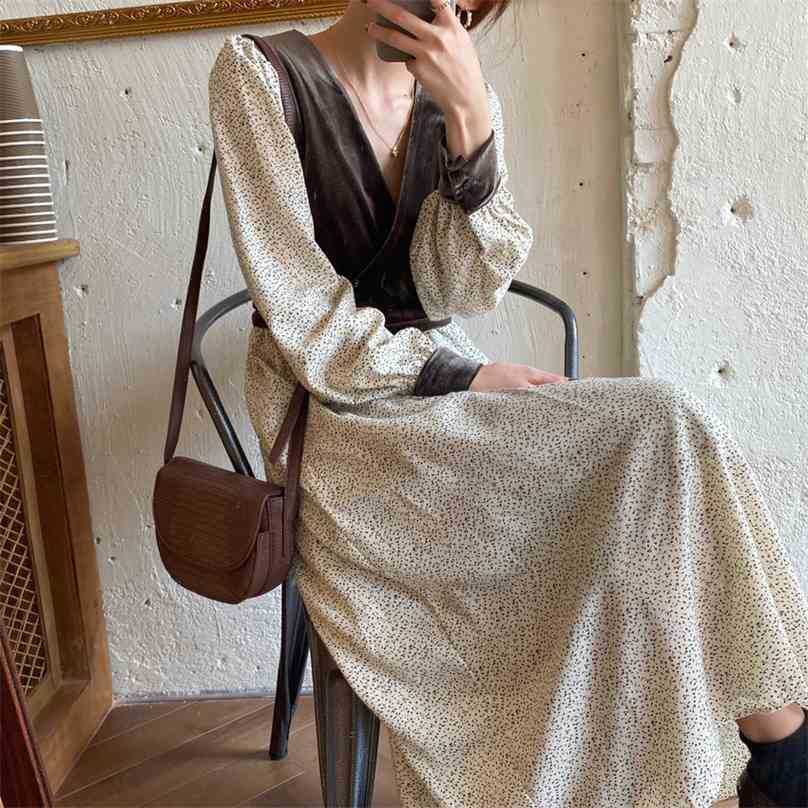 

Girls Vintage Office Lady V-Neck Printed Long Dresses High Quality Women Elegance Stylish Sweet Vestidos 210525, Black