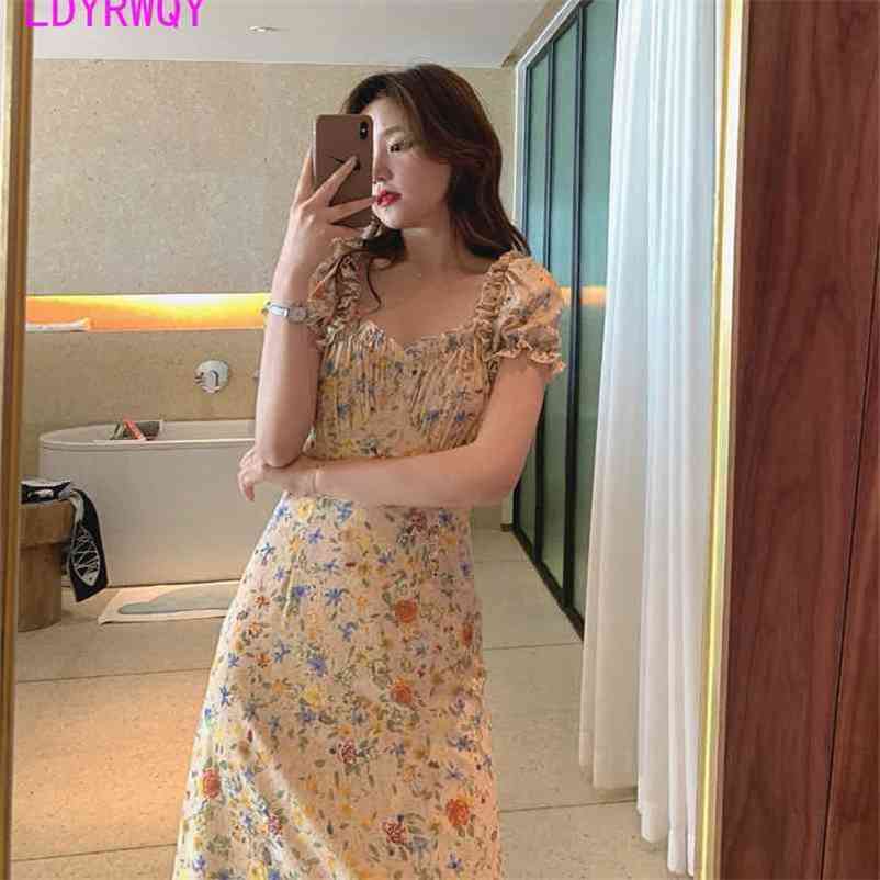 

LDYRWQY summer Korean edition fashion temperament slim simple print retro bubble sleeve dress 210603, Yellow flower