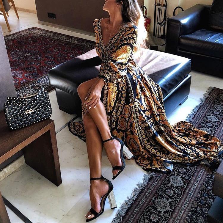 2021 Ladies Skirt Trend Retro Print Sexy Workplace Social Big Slit Casual High Waist V-neck Dress