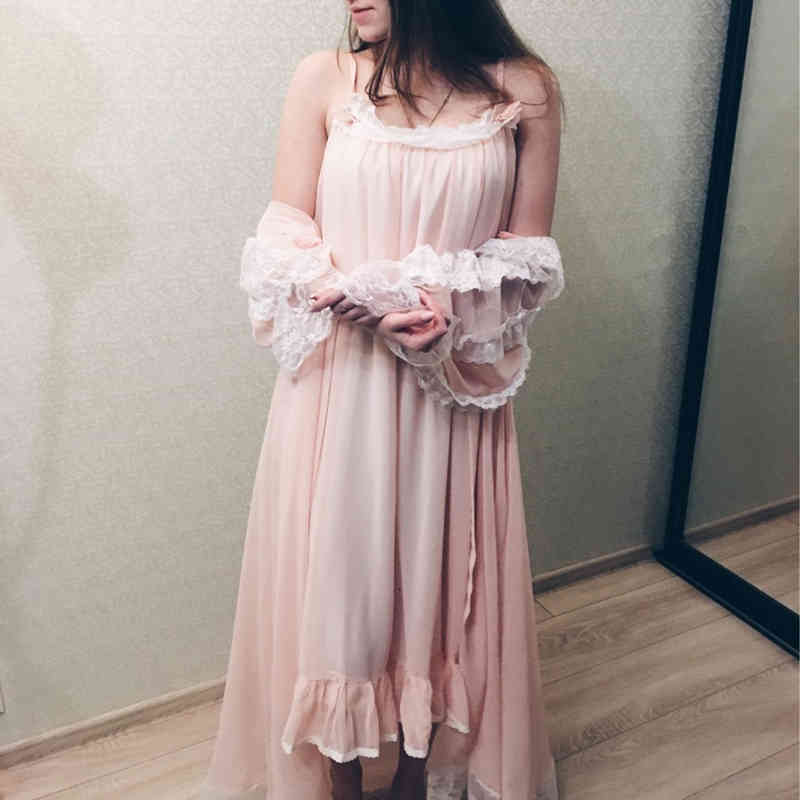 Sexy Pyjamas Women Robe Set Priness Sleepwear Sweet Royal Nightgown Chiffon Long Gown Laciness Lace Spring Summer set L6H3-image-695853355