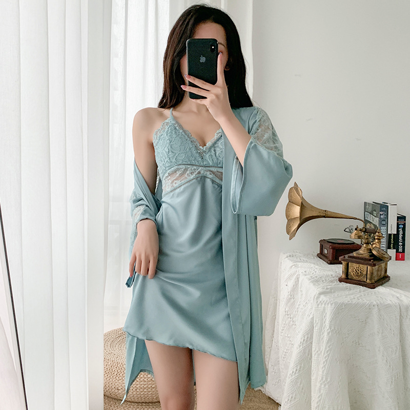 

Sexy Women Rayon Kimono Bathrobe Lace Bride Bridesmaid Wedding Robe Set Sleepwear Casual Home Clothes NightwearFree shipping by air, Black