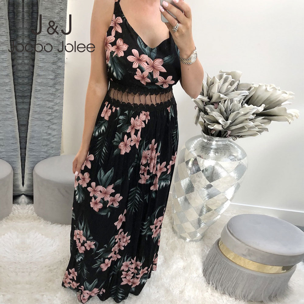 

Jocoo Jolee Sexy High Waist Hollow Out Long Dress Women Summer Boho Strap Sleeveless V Neck Lace Print Sundress Party Dresses 210518, As photo