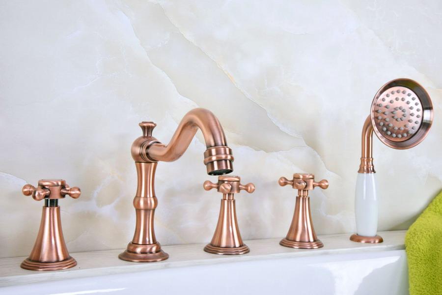 

Bathroom Sink Faucets Antique Red Copper Brass Deck 5 Holes Bathtub Mixer Faucet Handheld Shower Widespread Set Basin Water Tap Atf217