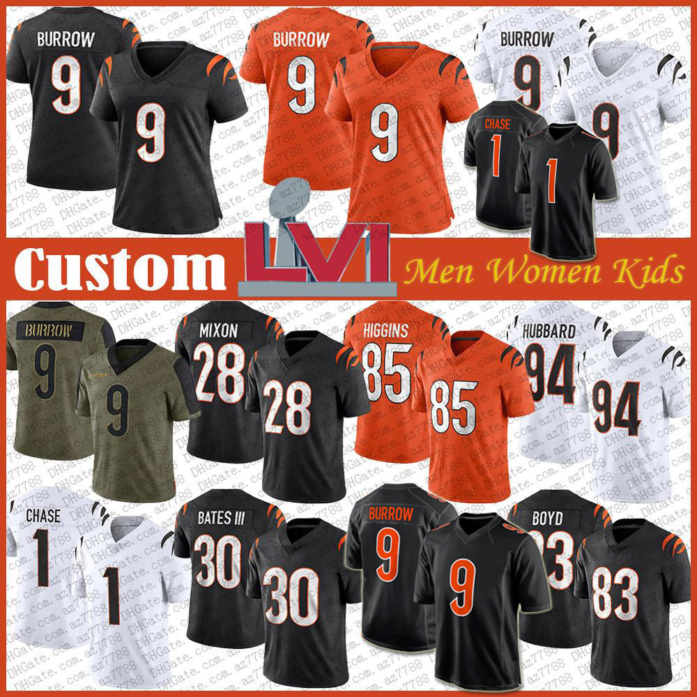 

1 JaMarr Chase 9 Joe Burrow 28 Mixon Custom Men Women Kids Football Jersey 85 Tee Higgins 83 Tyler Boyd Sam Hubbard C.J. Uzomah Evan McPhers, Black;red