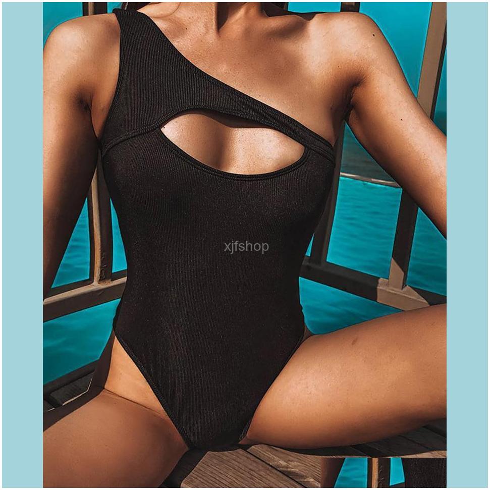 

One-Piece Suits Beach Equipment Water Sports & Outdoors Ribbed Shoulder Women Swimwear One Piece Swimsuit Female Bather High Cut Monokini Se
