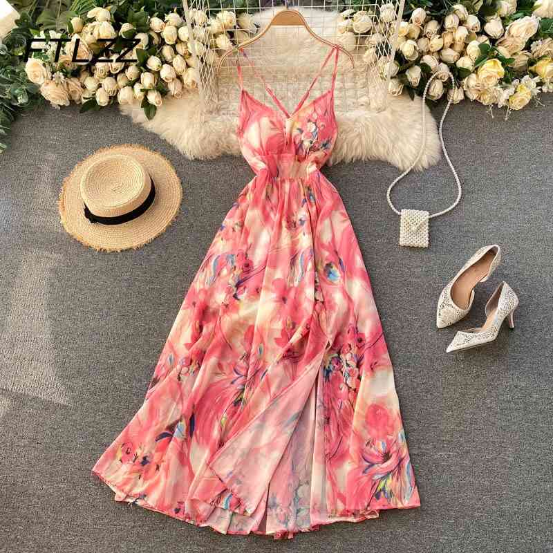 

Women Sexy Bandage Bohemia Dress Summer Woman Backless Spaghetti Strap Long Robe Vestidos Party 210602, Yellow