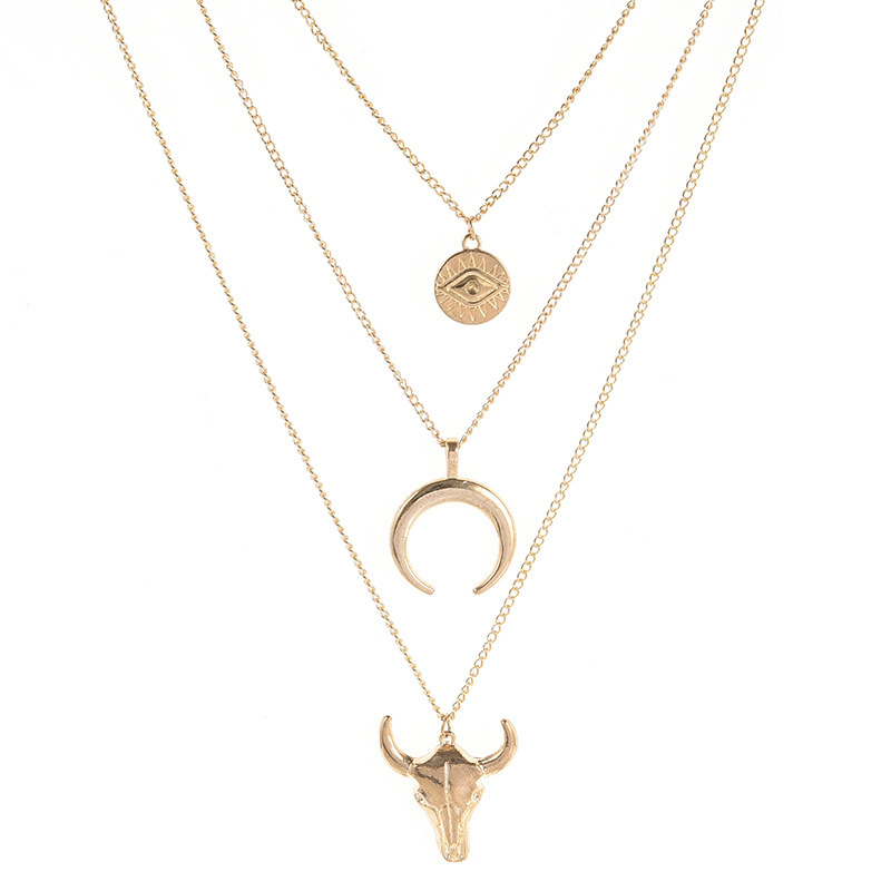 

Jewelry Fashion Simple Alloy Cow Head Geometric Round Eye Horn Multilayer Necklace