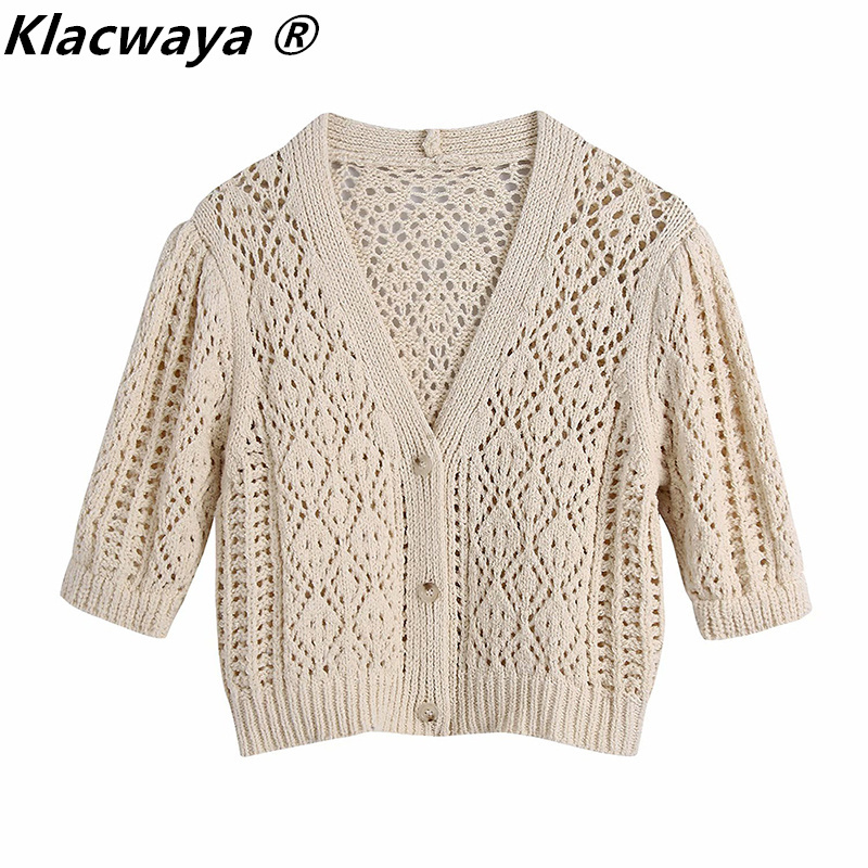 

Women Fashion Hollow Out Cropped Knitted Cardigan Sweater Vintage V Neck Short Sleeve Female Outerwear Chic Tops 210521, Beige