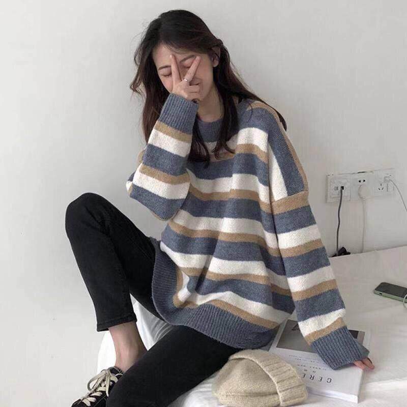 

Women's Sweaters Japanese Harajuku Stripe Loose Long Sleeve Sweater Student Korean Knitted Jumper Pullovers, Blue