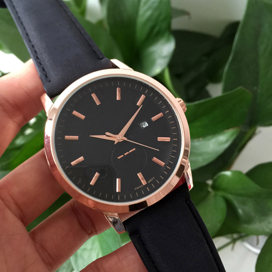 

Top Brand Watches Men Leather strap Calendar quartz wrist Watch AR3166, Rose gold all black