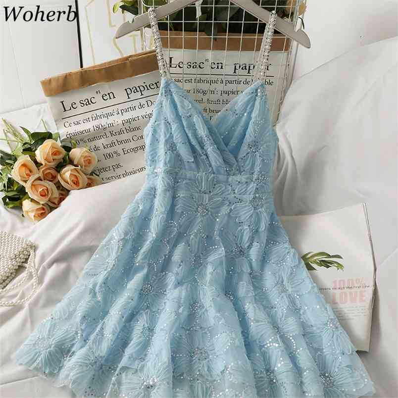 

Sexy Party Dresses Summer Korean Sequins High Waist Cross V Neck A Line Mini Vestidos Temperament Beaded Sling 210519, Blue