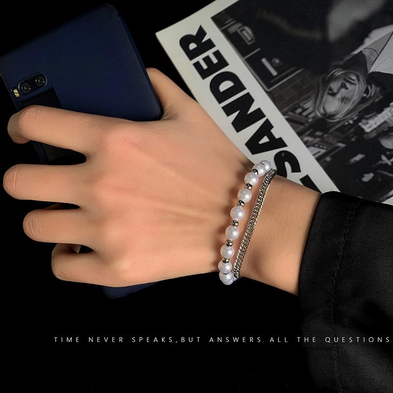 

Bangle European And American Pearl Double-layer Bracelet Titanium Steel Hip-hop Fashion Wild Men Women Retro Accessories Jewelry