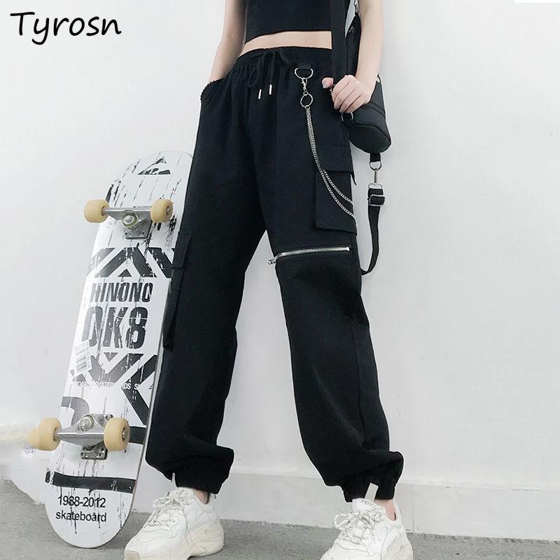 

Women' Pants & Capris Plus Size -4XL Casual Women Design Zipper Chain Streetwear Hip Hop Drawstring Tie Feet Cargo Pant Students Safari St, Black