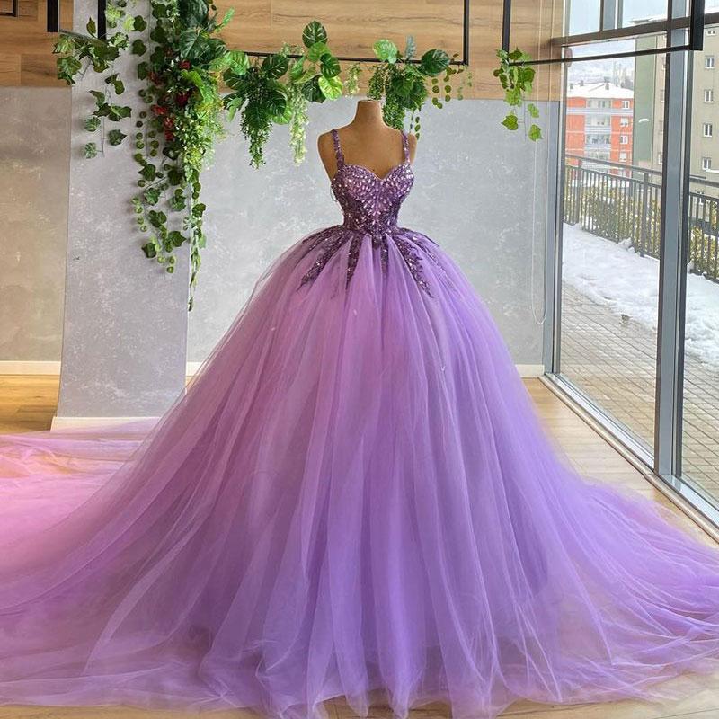 

2022 Designer Prom Dresses Purple Crystal Beading Princess Ball Gown Pageant Gowns Spaghetti Straps Corset Up Bacl Tulle Formal Brithday Party Dress, Blue