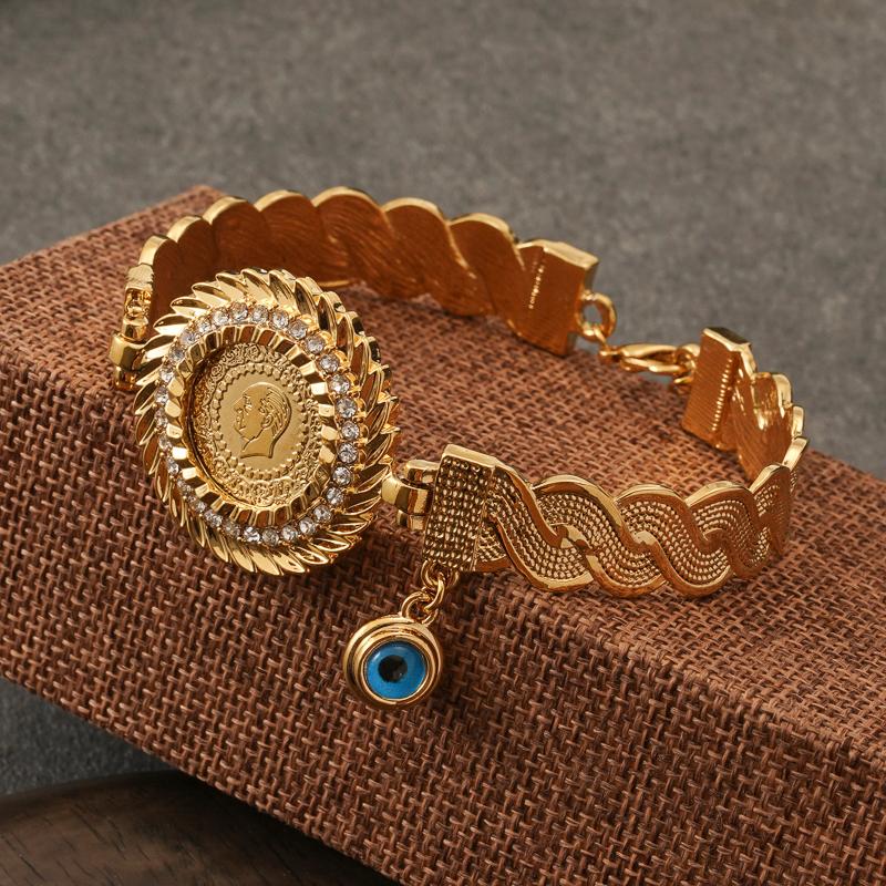 

Bangle Ottoman Coin Design Hand Bangles With Crystal Side Open Gold Bracelets Middle East Women Lucky Eye Jewelry