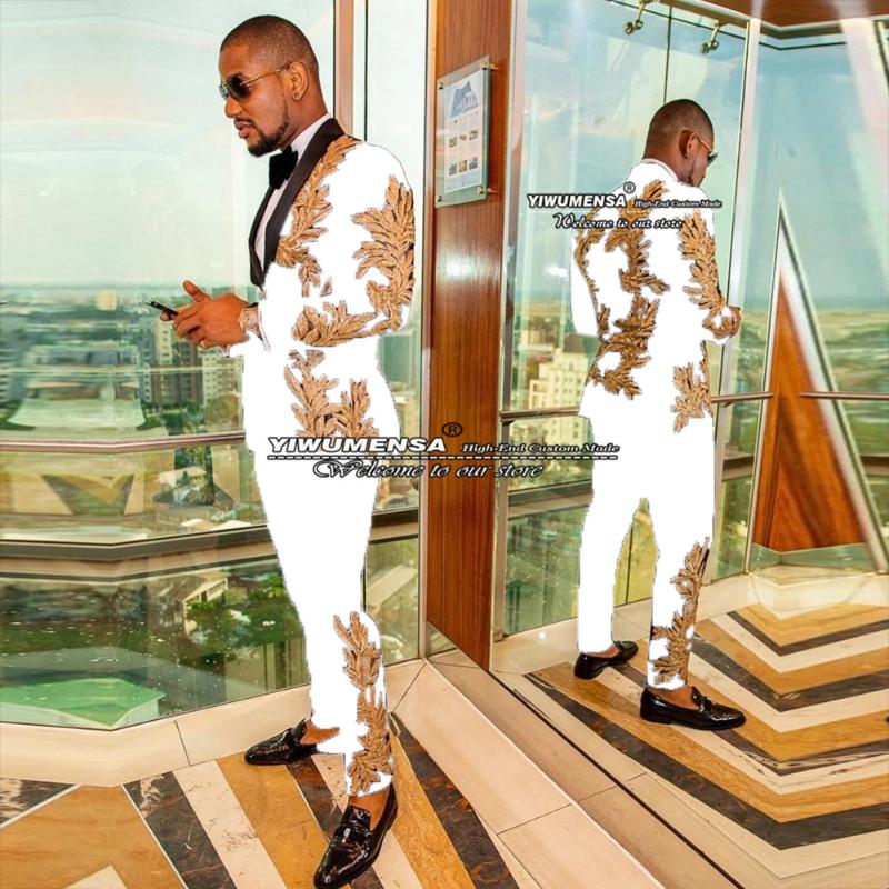 

Men's Suits & Blazers Wedding For Men White Formal Blazer Gold Embroidery With Black Pekaed Lapel Jacket Pants 2 Pieces Prom Party Tuxedo, Yellow