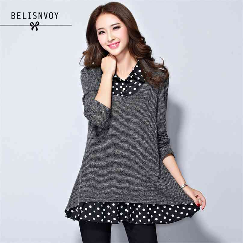

M-5XL Plus Size Women Clothing Fashion Loose Blouses Dot Polka Turn Down Collar Long Sleeve Knitting Faux Two Piece Shirt Tops 210520, Gray