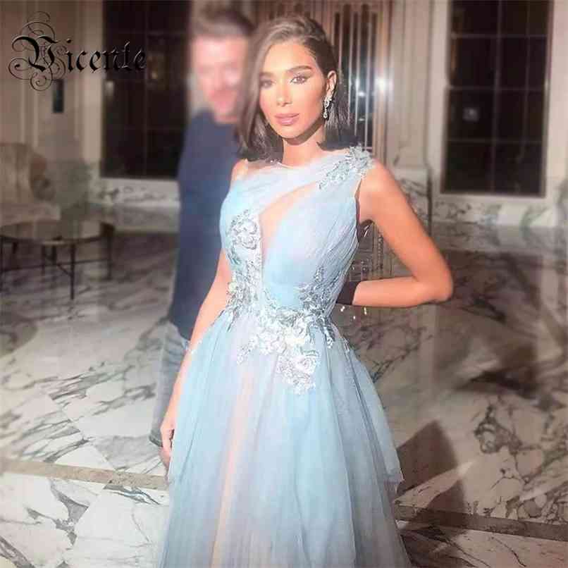 

Chic Sky Blue Long Dress Ruffles Appliques Design Elegant Celebrity Party Club Maix 210520