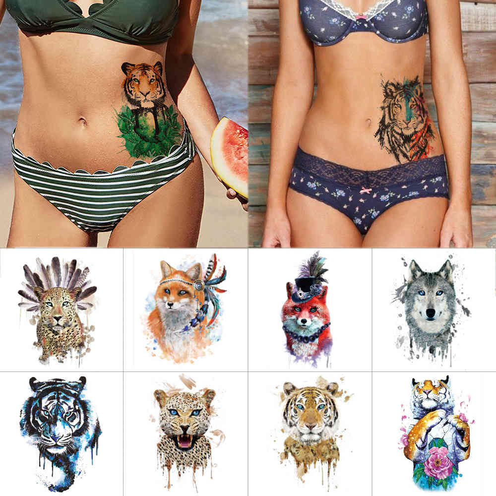 

Animal waterproof Tiger leopard Watercolor temporary stickers Wolf bear abdomen body tattoos Personalized Safety