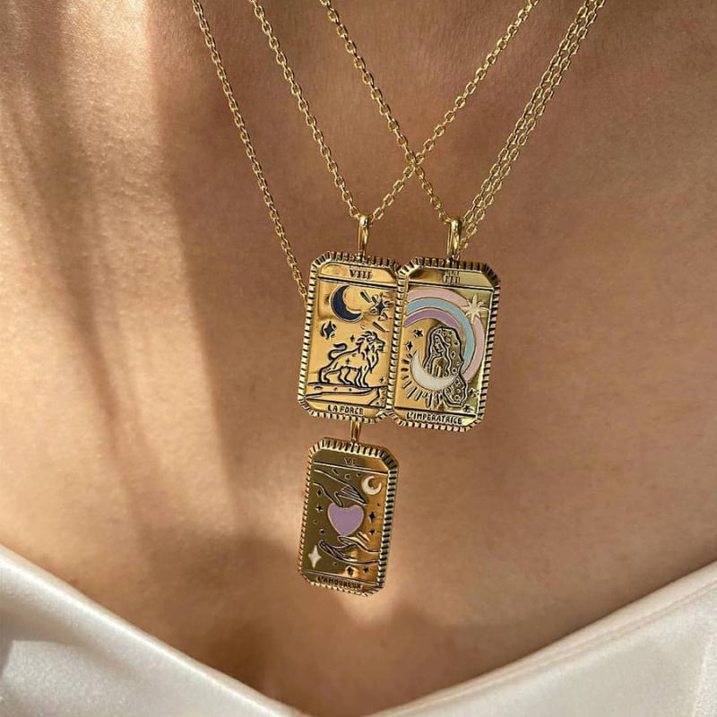 Pendant Necklaces Square Amulet Tarot Cards Vintage Necklace Women's Jewelry Gift Gold Plated Collar For Female Chain Zodiac Moon Sun Lo-image-720769997