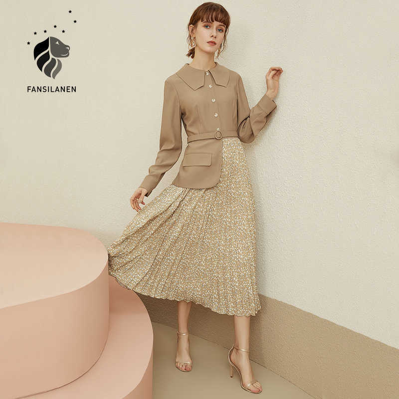 

FANSILANEN Floral print elegant long pleated dress Women autumn winter vintage black Office lady casual retro party 210607