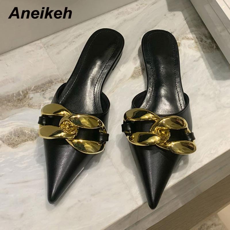 

Aneikeh 2021 Summer Pointed Toe Slippers Metal Decoration Stiletto Heels Bling Women Shoes PU Basic Fashion Sexy Outside Black