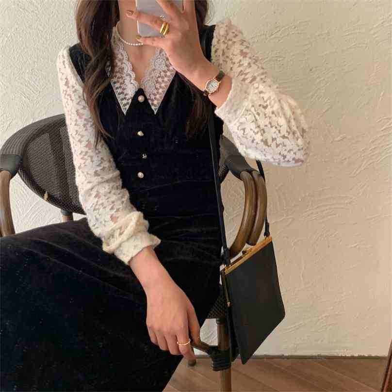 

Women French Retro V-Neck Dresses Loose Lace Velvet Patchwork Long Gentle Elegant Chic Female Fashion Clothe 210525, Black