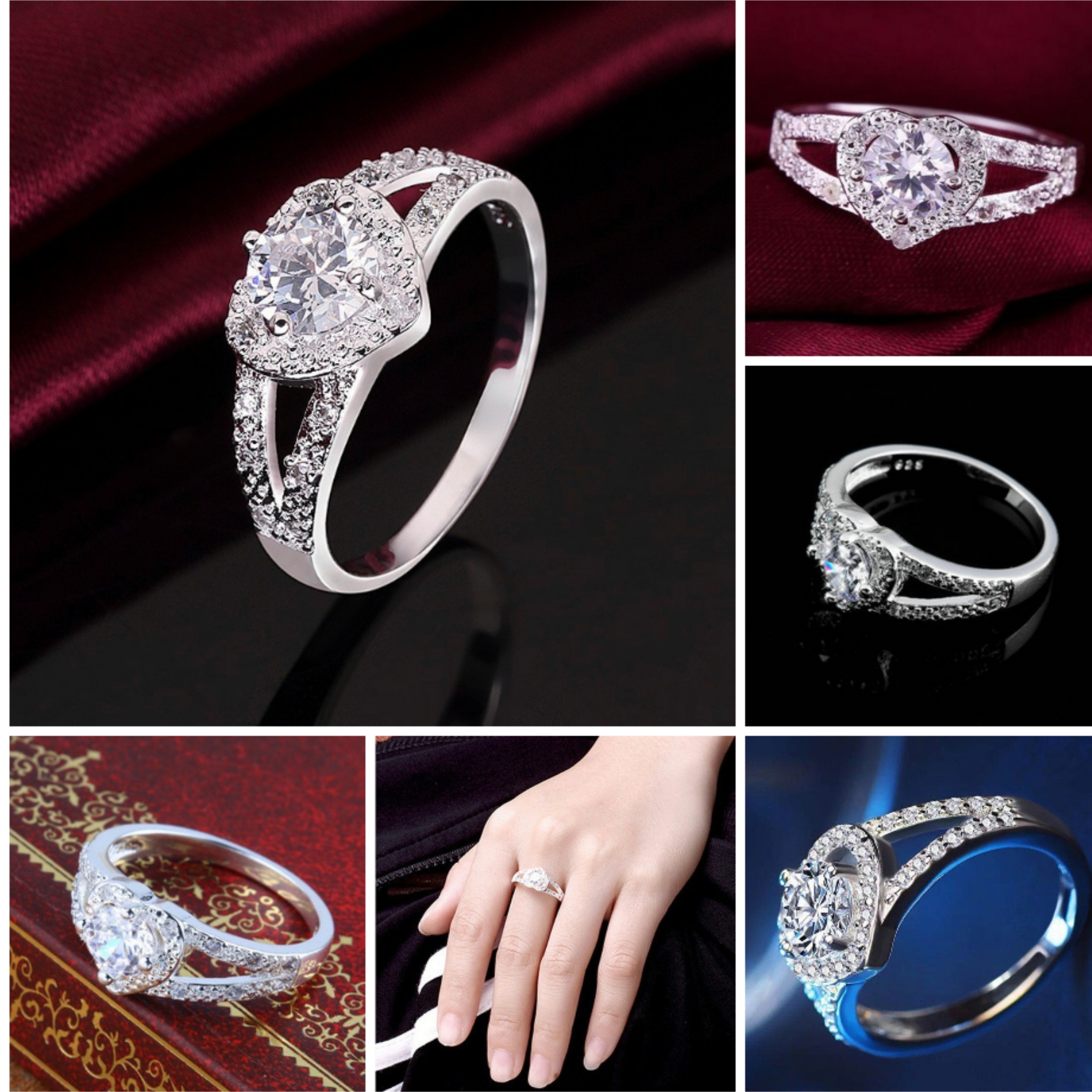 Classic diamond ring Silver plated copper fashion charm Beautiful Cute pretty women Austria Crystal Stone Wedding jewelry