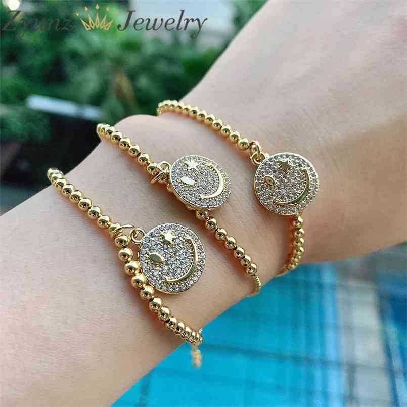 

5PCS, Fashion Happy Face Jewelry CZ Micro Pave Smiley Charms Beaded Chain Adjustable Bracelets For Women Men 210918, Black
