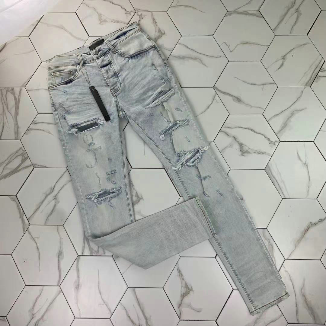 

5-2-2021 FASHION wash light blue big hole jeans micro elastic slim high street man